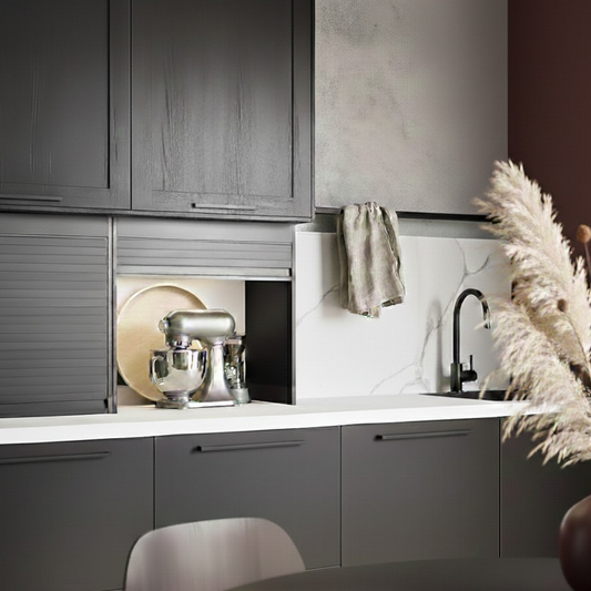 Modern Black Kitchen Appliance Station — Tambour Cabinet with Roller Shutter Door