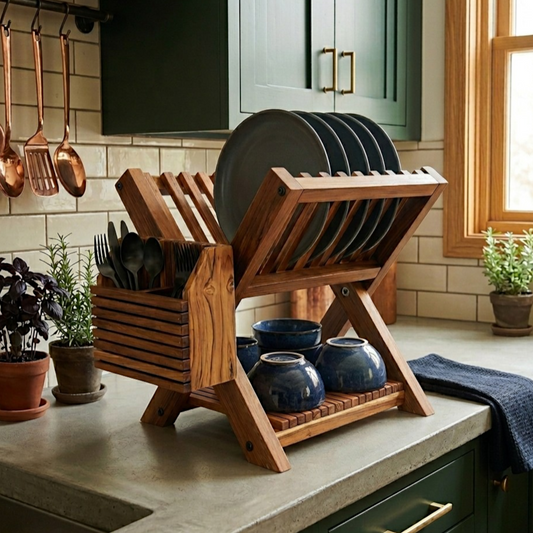 Solid Wood Multi-Tier Dish Drying Rack with Utensil Holder