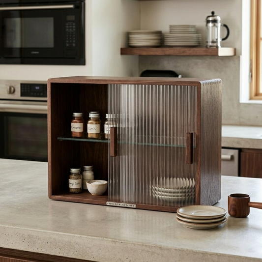 Solid Wood Coffee Station Cabinet with Fluted Glass Doors