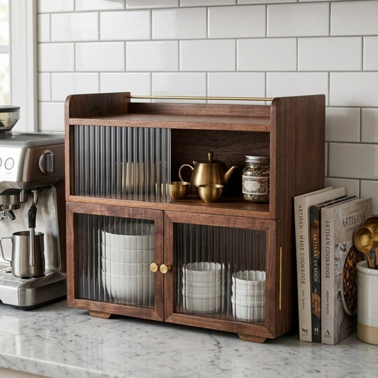 Solid Wood Coffee Station Cabinet with Fluted Glass Doors