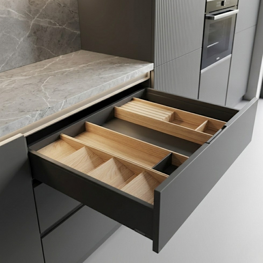 Modular Light Oak Drawer Organization System with Matte Black Aluminum Accents — Full Set