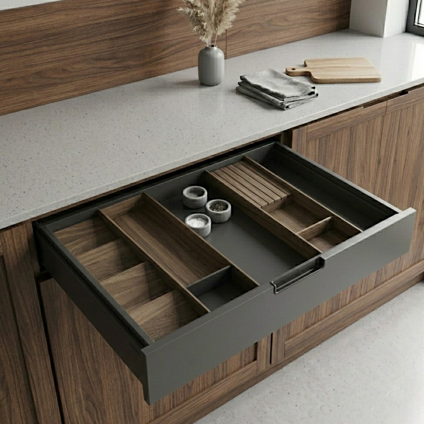 Modular Walnut Drawer Organization System with Matte Black Aluminum Accents — Full Set
