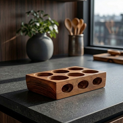 Solid Wood Spice Organizer Tray with Circular Apertures