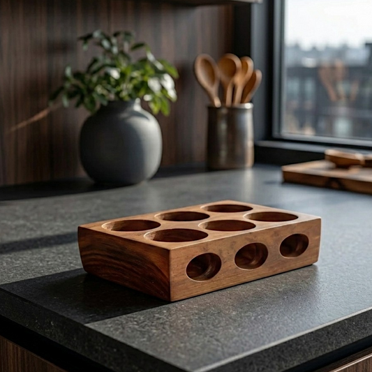 Solid Wood Spice Organizer Tray with Circular Apertures