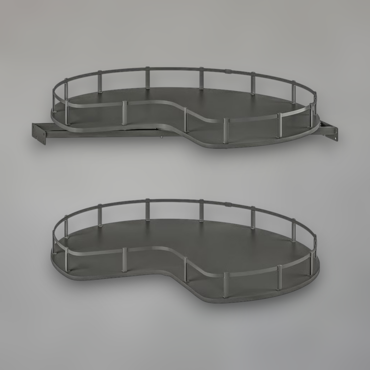 Magic Corner Pull-Out Shelving System — Grey Kidney-Shaped Storage for Blind Corner Cabinets